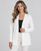 Women's longline draped cardigan in off white - front model shot