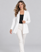 Women's longline draped cardigan in off white - walking model shot