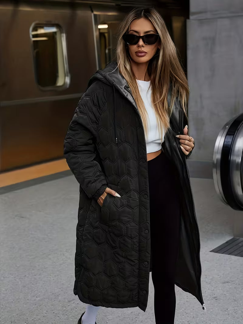 Women's Longline Hooded Coat with Quilting and Zip Front