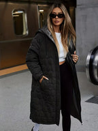 Women's Longline Hooded Coat with Quilting and Zip Front