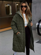 Women's Longline Hooded Coat with Quilting and Zip Front