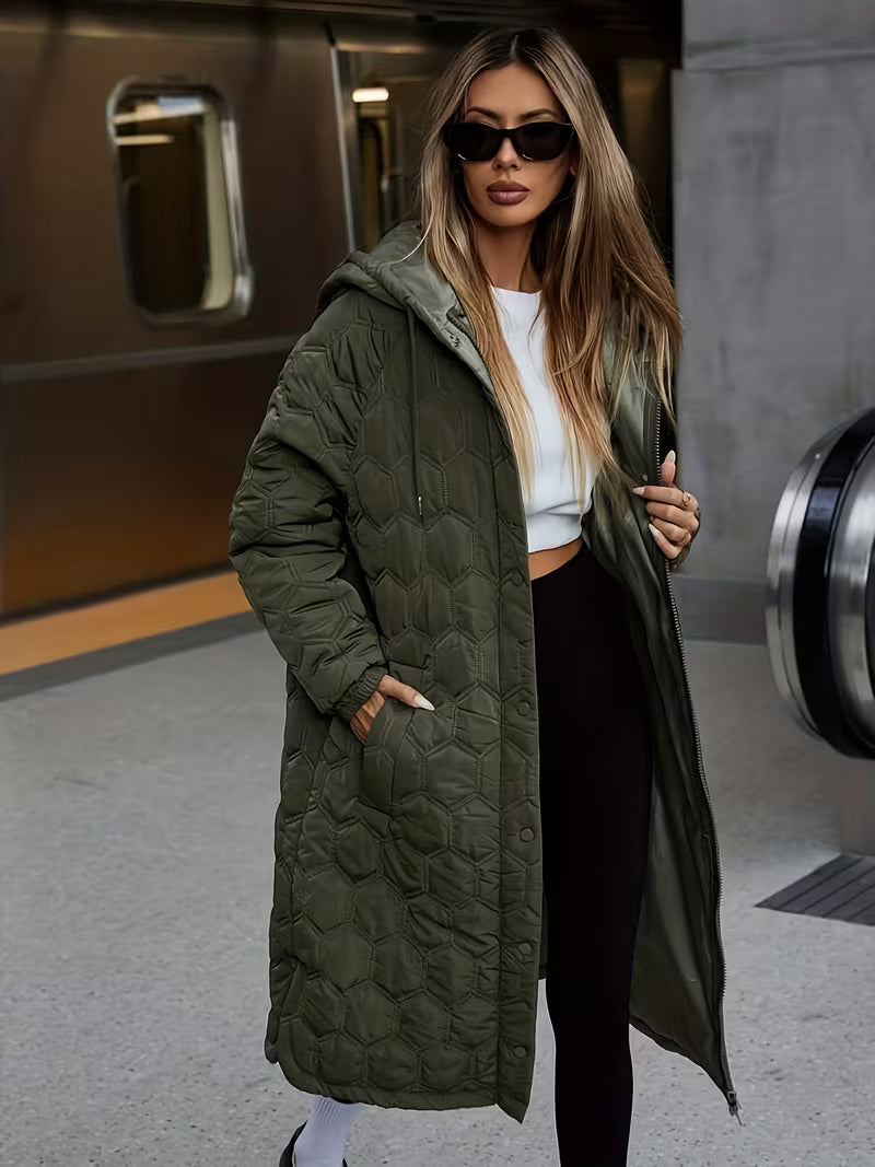 Women's Longline Hooded Coat with Quilting and Zip Front