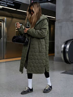 Women's Longline Hooded Coat with Quilting and Zip Front