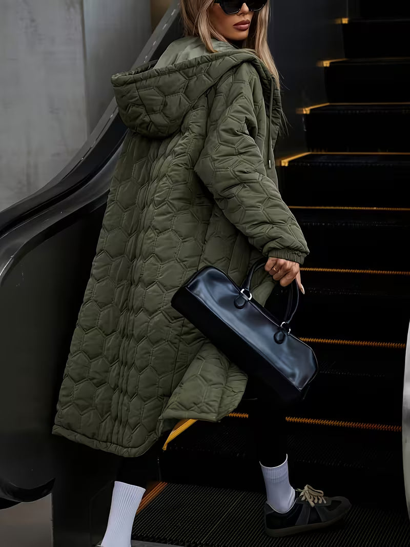 Women's Longline Hooded Coat with Quilting and Zip Front