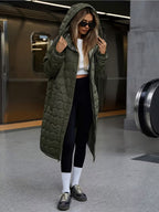 Women's Longline Hooded Coat with Quilting and Zip Front