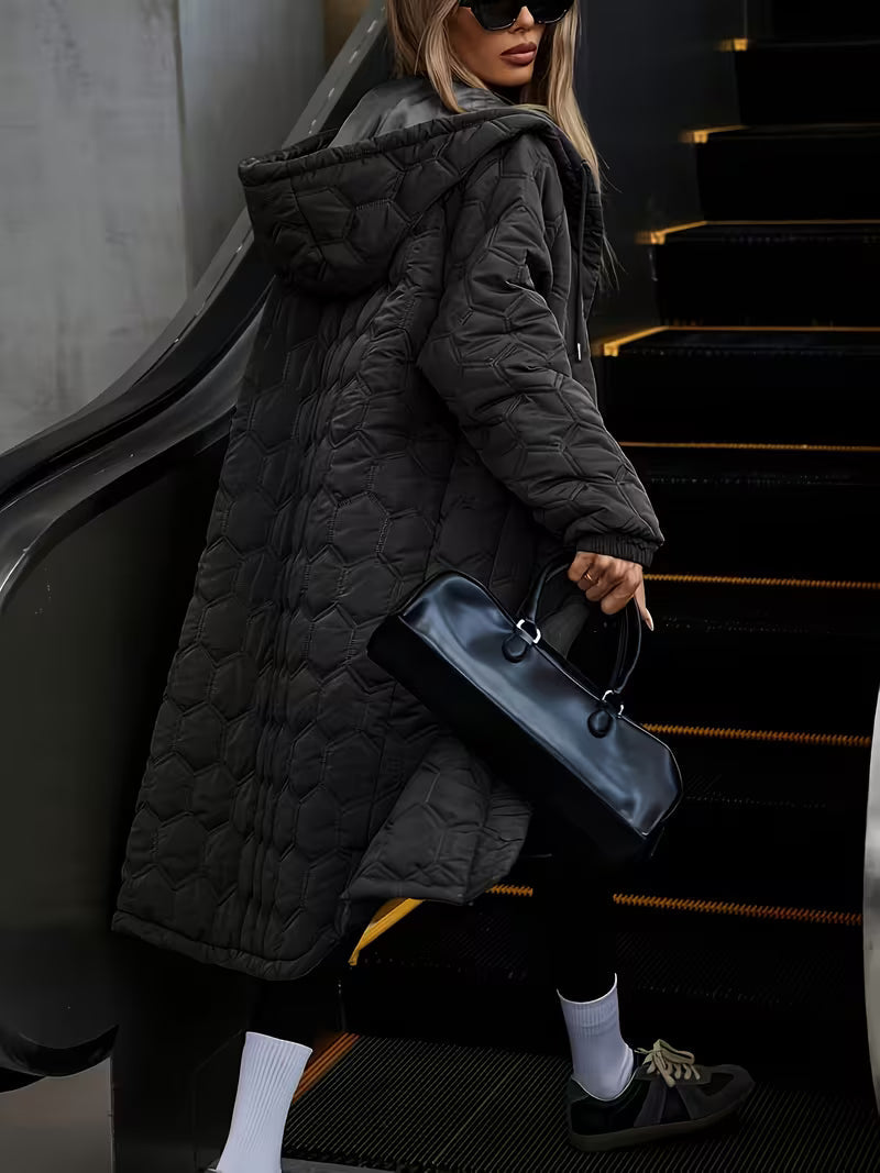 Women's Longline Hooded Coat with Quilting and Zip Front