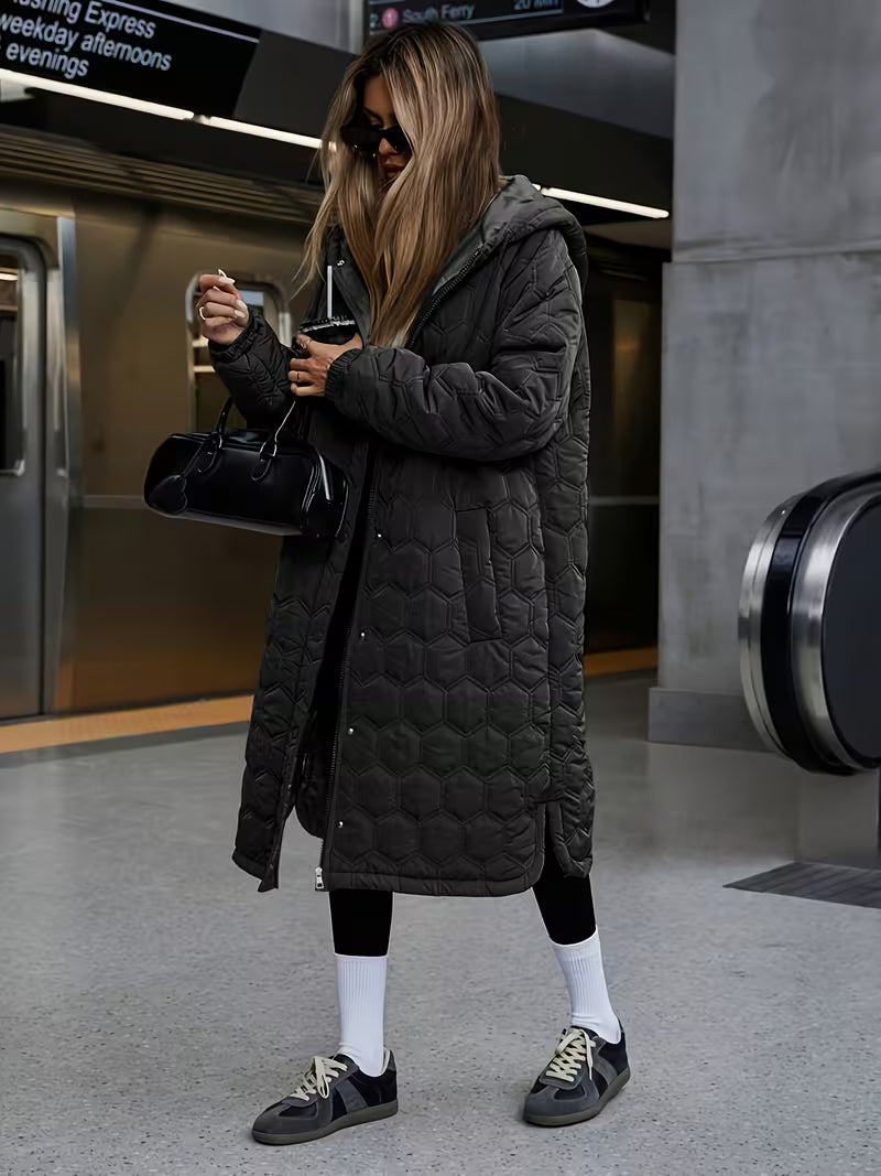 Women's Longline Hooded Coat with Quilting and Zip Front