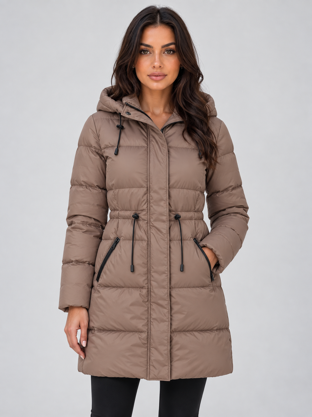 Women's Longline Hooded Padded Puffer Coat with Drawstring Waist and Zip Pockets