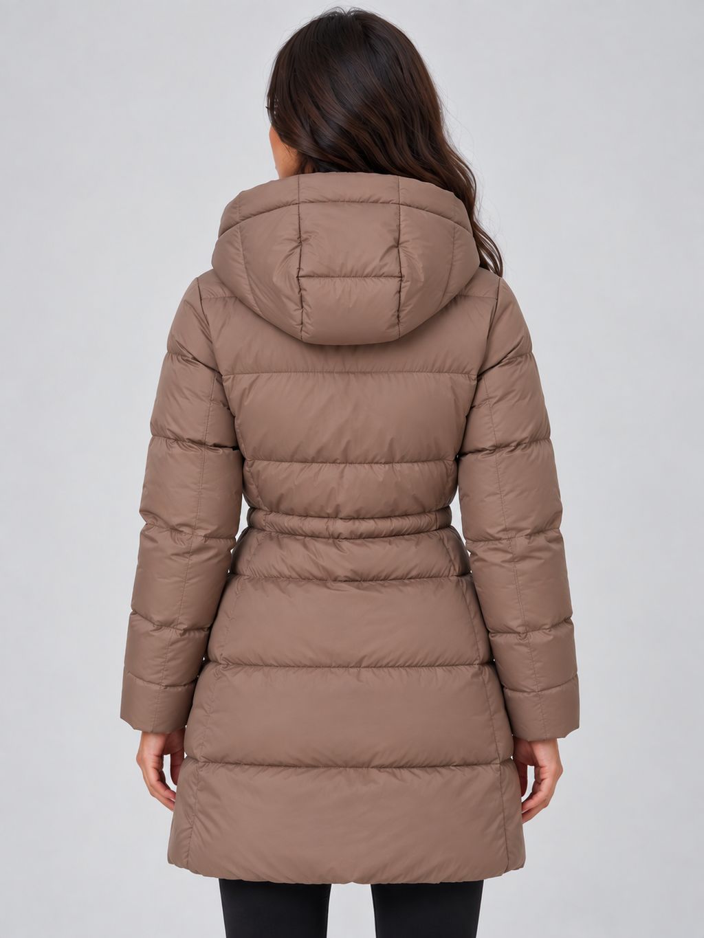 Women's Longline Hooded Padded Puffer Coat with Drawstring Waist and Zip Pockets