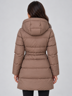 Women's Longline Hooded Padded Puffer Coat with Drawstring Waist and Zip Pockets