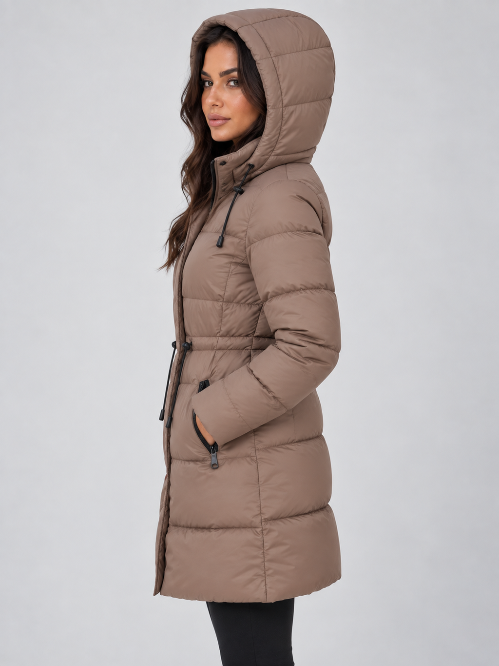 Women's Longline Hooded Padded Puffer Coat with Drawstring Waist and Zip Pockets