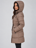 Women's Longline Hooded Padded Puffer Coat with Drawstring Waist and Zip Pockets