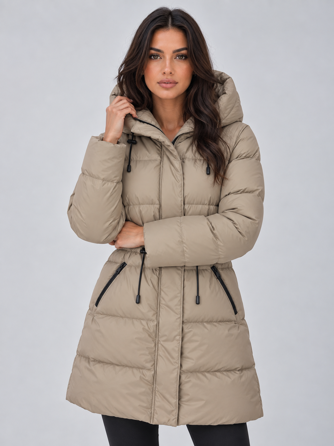 Women's Longline Hooded Padded Puffer Coat with Drawstring Waist and Zip Pockets