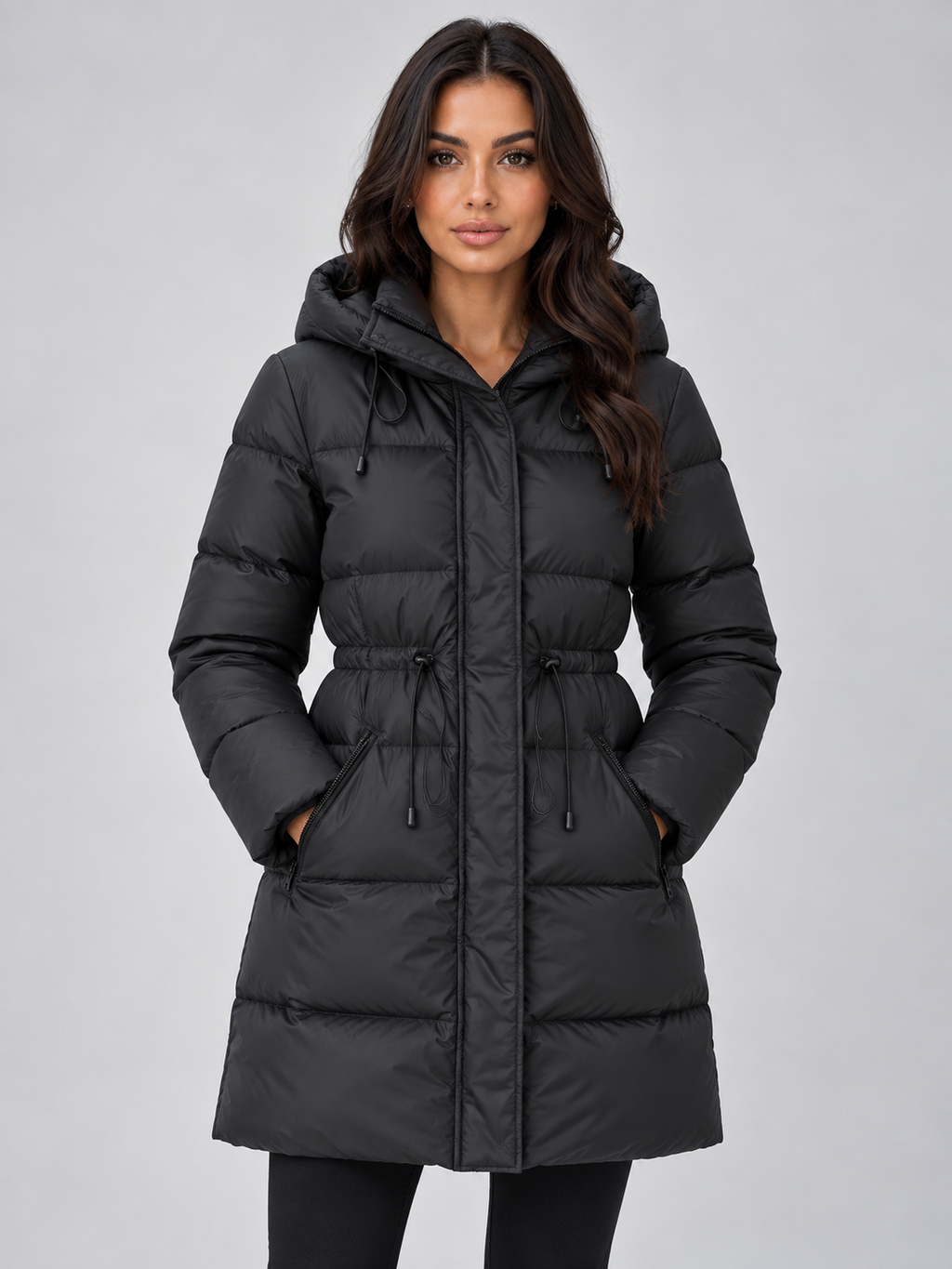 Women's Longline Hooded Padded Puffer Coat with Drawstring Waist and Zip Pockets