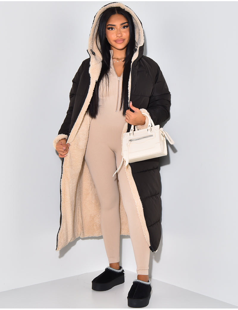 Women's Longline Hooded Padded Puffer Coat with Reversible Teddy Fleece Lining