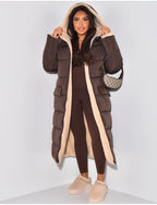 Women's Longline Hooded Padded Puffer Coat with Reversible Teddy Fleece Lining