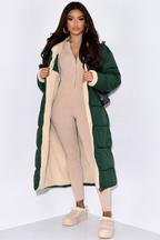 Women's Longline Hooded Padded Puffer Coat with Reversible Teddy Fleece Lining