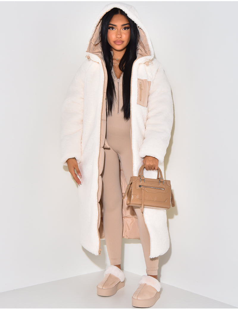Women's Longline Hooded Padded Puffer Coat with Reversible Teddy Fleece Lining
