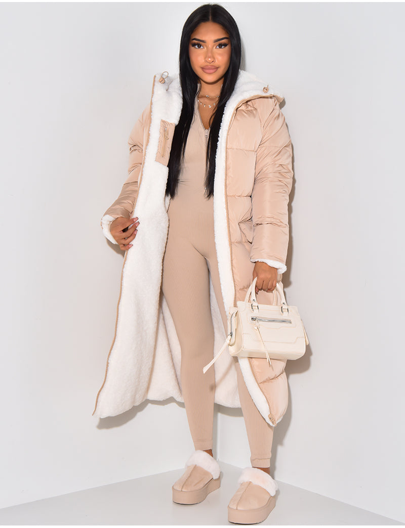 Women's Longline Hooded Padded Puffer Coat with Reversible Teddy Fleece Lining