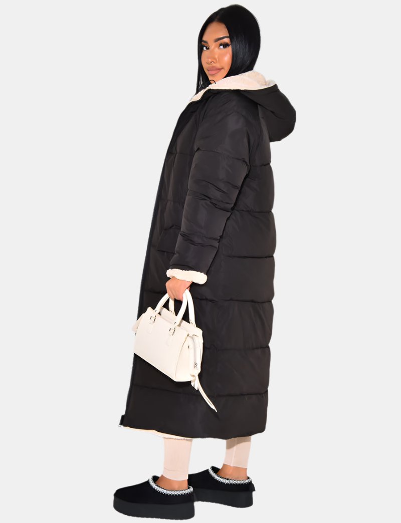 Women's Longline Hooded Padded Puffer Coat with Reversible Teddy Fleece Lining