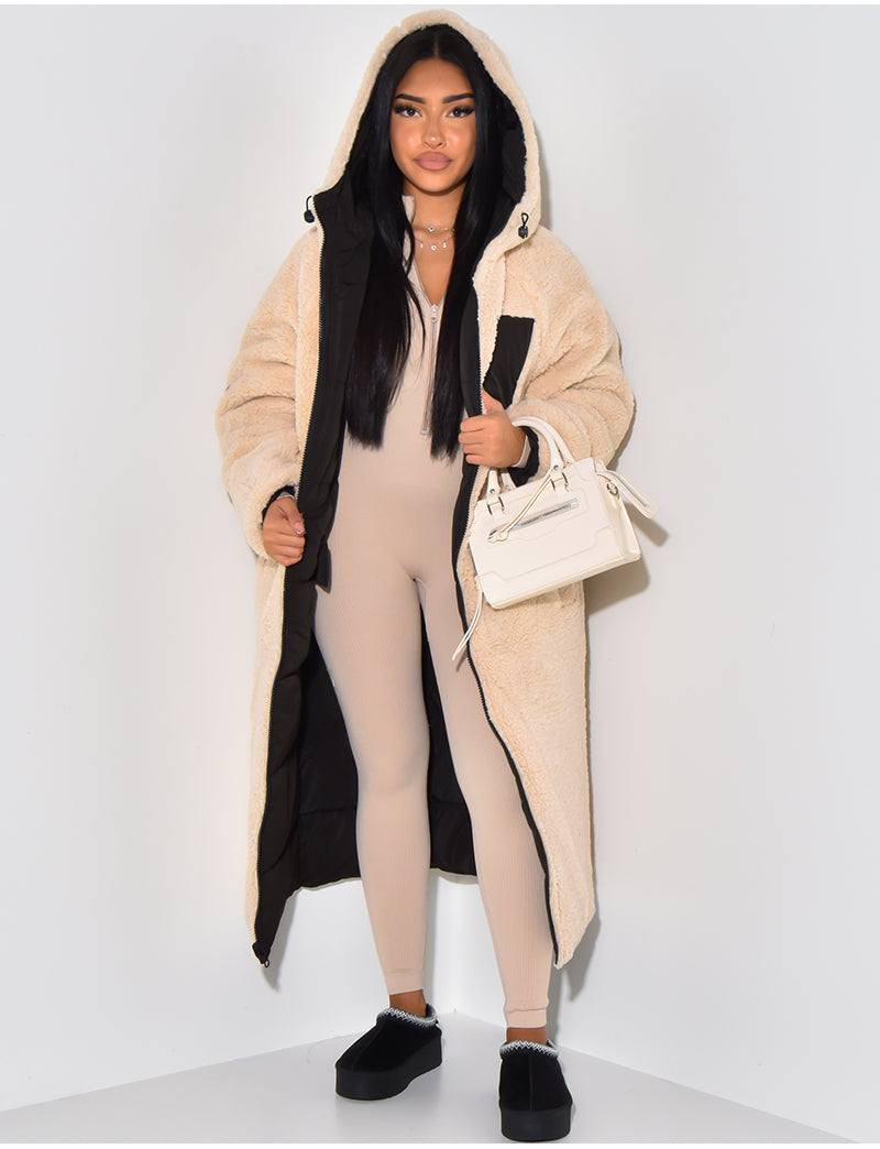 Women's Longline Hooded Padded Puffer Coat with Reversible Teddy Fleece Lining