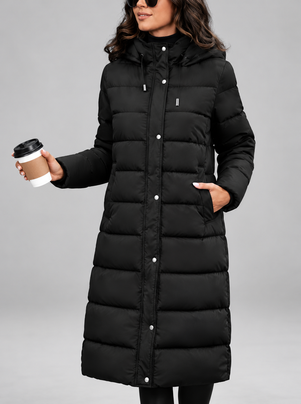 Women's longline hooded puffer coat in Black – front full