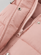 Women's longline hooded puffer coat in Pink – zip snap detail