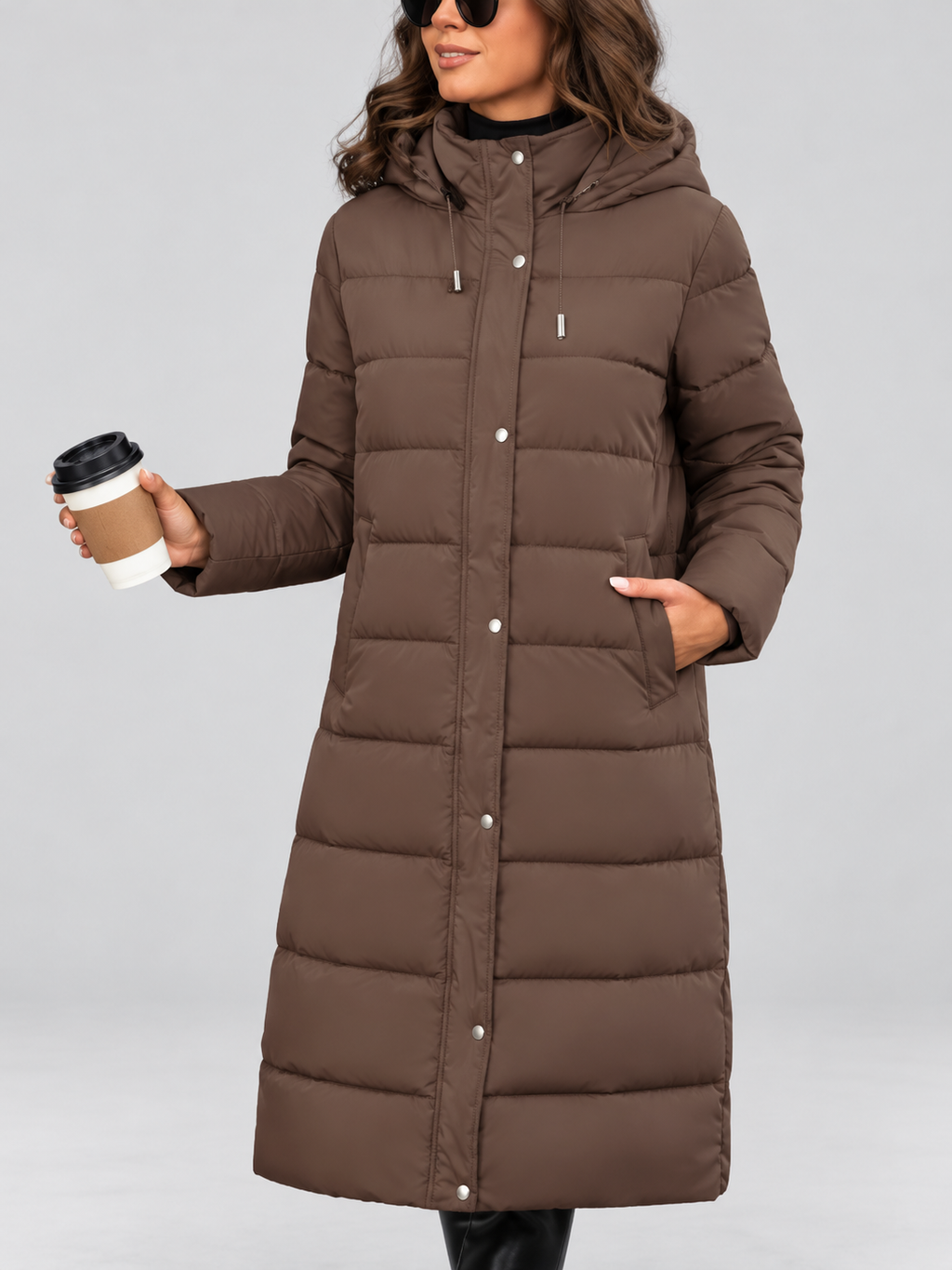 Women's longline hooded puffer coat in Brown – front full