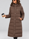 Women's longline hooded puffer coat in Brown – front full
