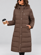 Women's longline hooded puffer coat in Brown – front full