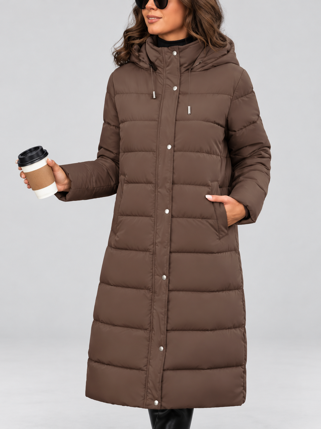 Women's longline hooded puffer coat in Brown – front full