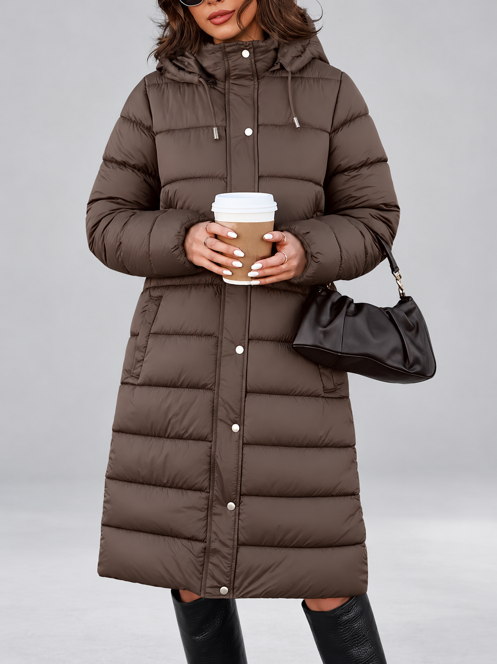 Women's longline hooded puffer coat in Brown – front