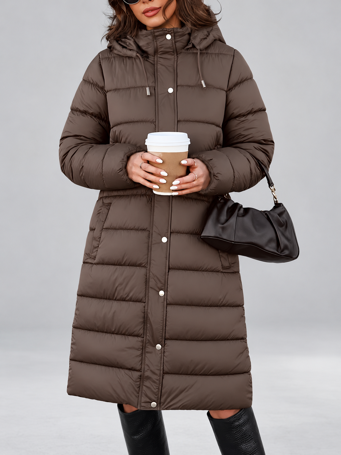 Women's longline hooded puffer coat in Brown – front