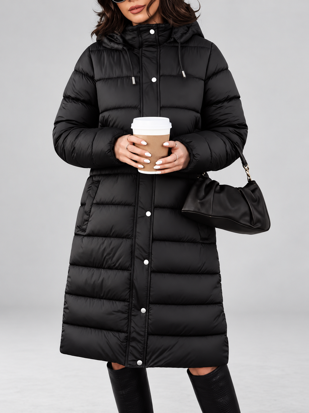 Women's longline hooded puffer coat in Black – front