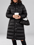 Women's longline hooded puffer coat in Black – front