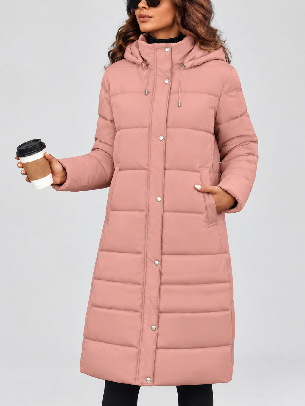 Women's longline hooded puffer coat in Pink – front full