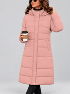 Women's longline hooded puffer coat in Pink – front full arm raised