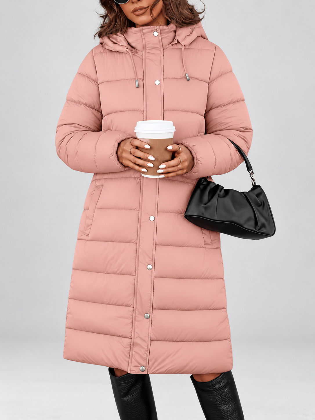 Women's longline hooded puffer coat in Pink – front