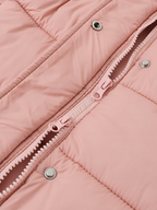 Women's longline hooded puffer coat in Pink – two way zip snap detail