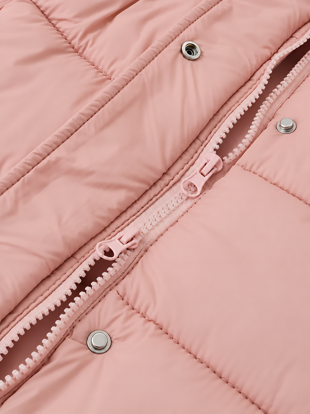 Women's longline hooded puffer coat in Pink – two way zip snap detail