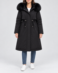 Women's Longline Hooded Parka with Faux Fur Trim and Plush Lining in Black – Front View