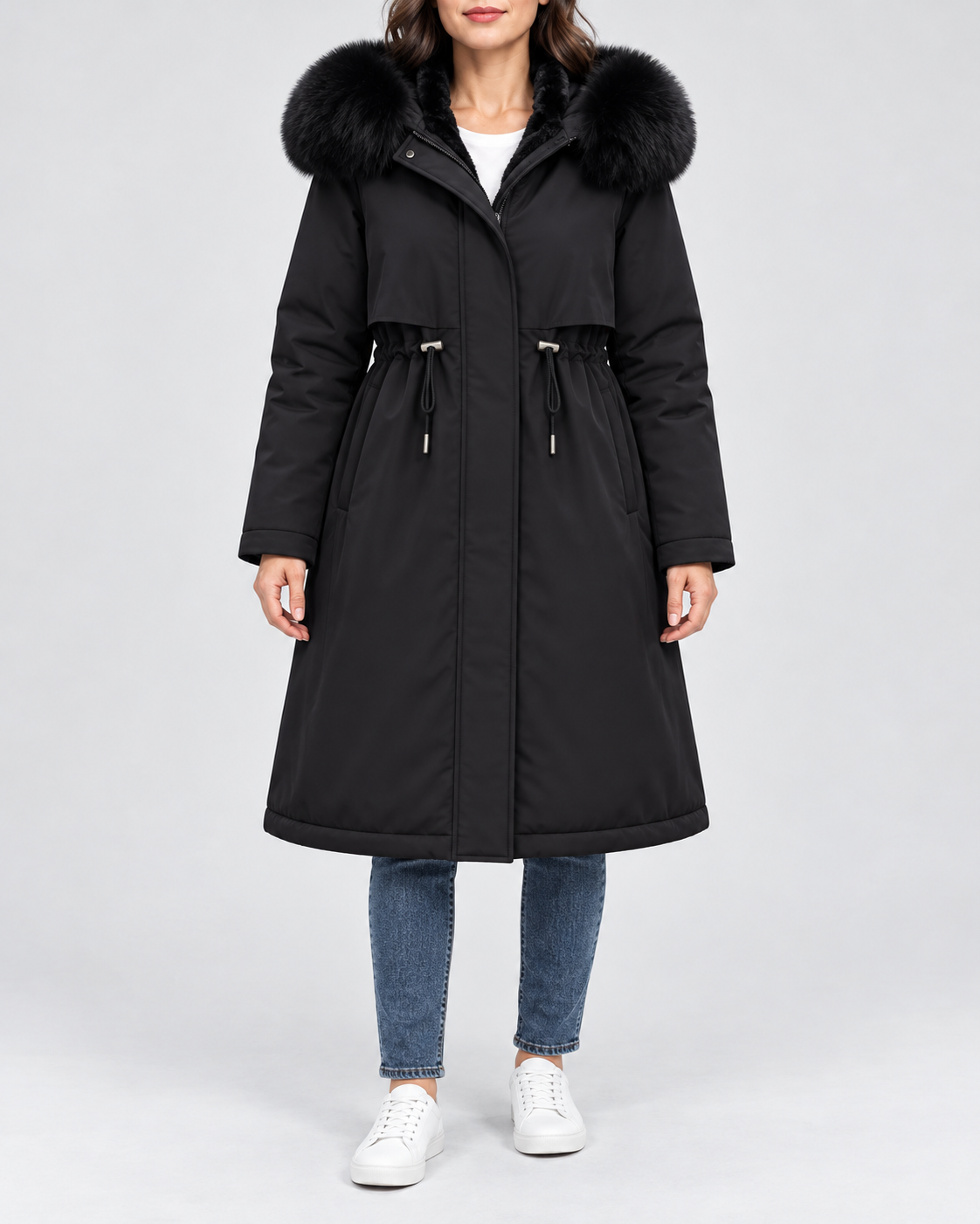 Women's Longline Hooded Parka with Faux Fur Trim and Plush Lining in Black – Front View