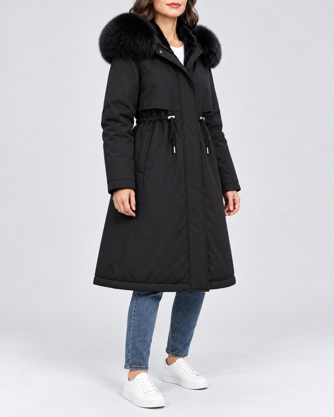 Women's Longline Hooded Parka with Faux Fur Trim and Plush Lining in Black – Three-Quarter View