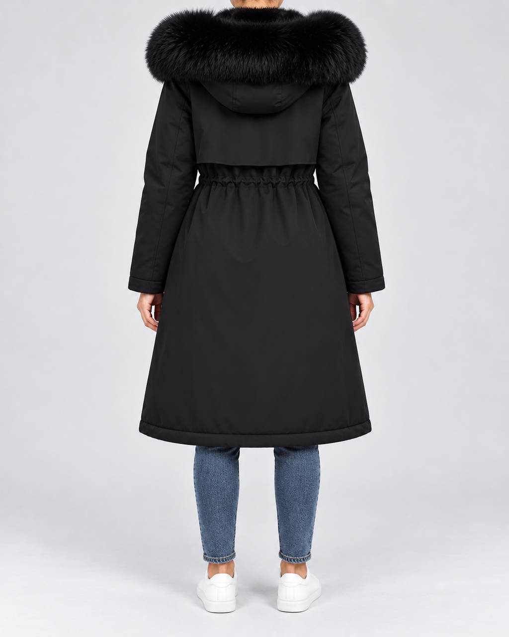 Women's Longline Hooded Parka with Faux Fur Trim and Plush Lining in Black – Back View