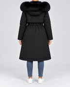 Women's Longline Hooded Parka with Faux Fur Trim and Plush Lining in Black – Back View