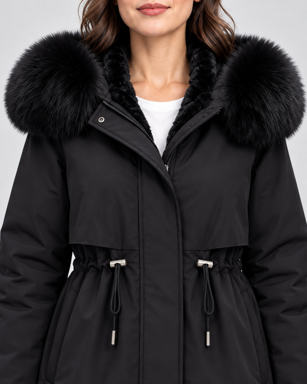 Women's Longline Hooded Parka with Faux Fur Trim and Plush Lining in Black – Detail