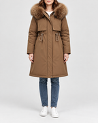 Women's Longline Hooded Parka with Faux Fur Trim and Plush Lining in Coffee – Front View