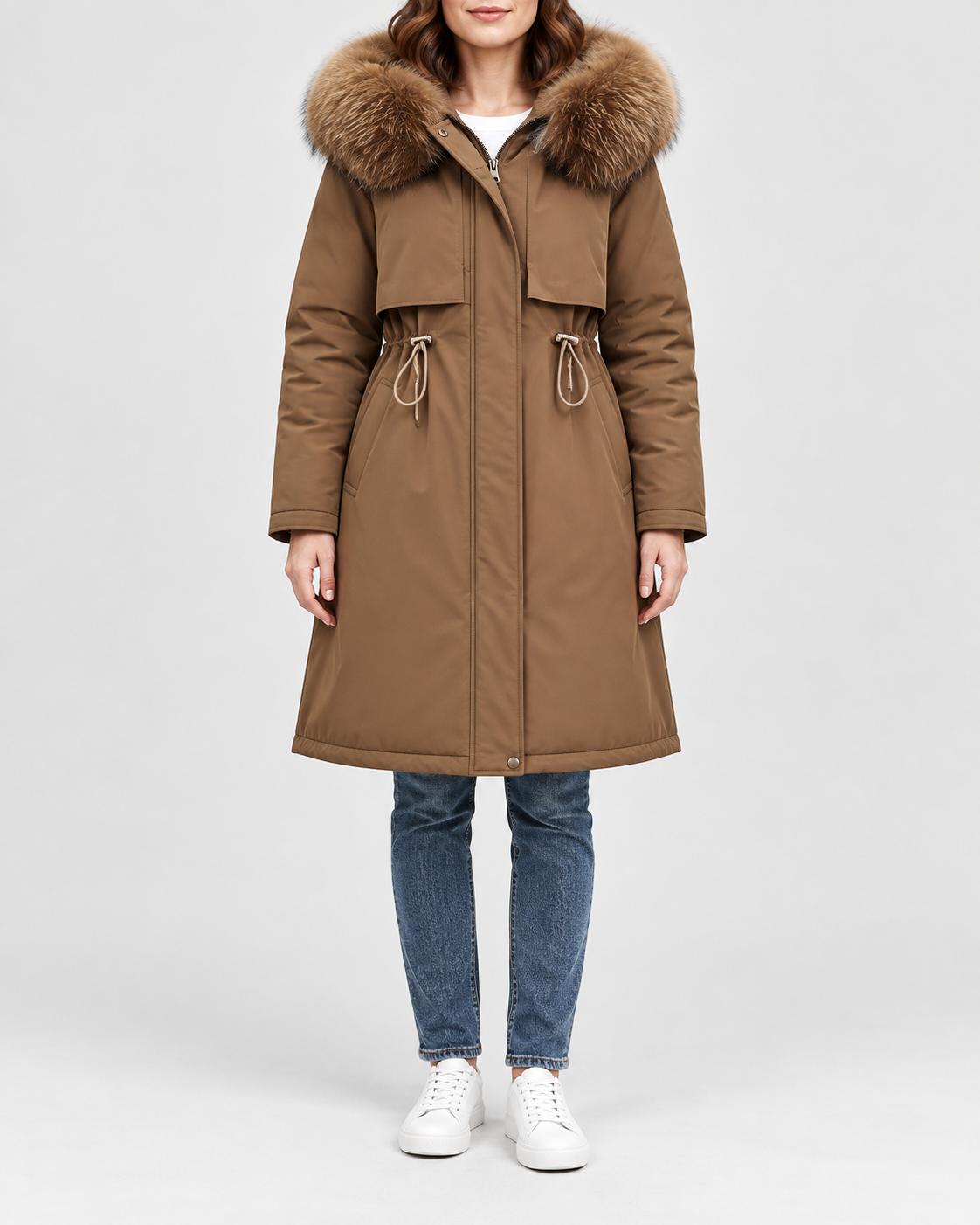 Women's Longline Hooded Parka with Faux Fur Trim and Plush Lining in Coffee – Front View