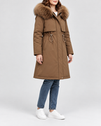 Women's Longline Hooded Parka with Faux Fur Trim and Plush Lining in Coffee – Three-Quarter View