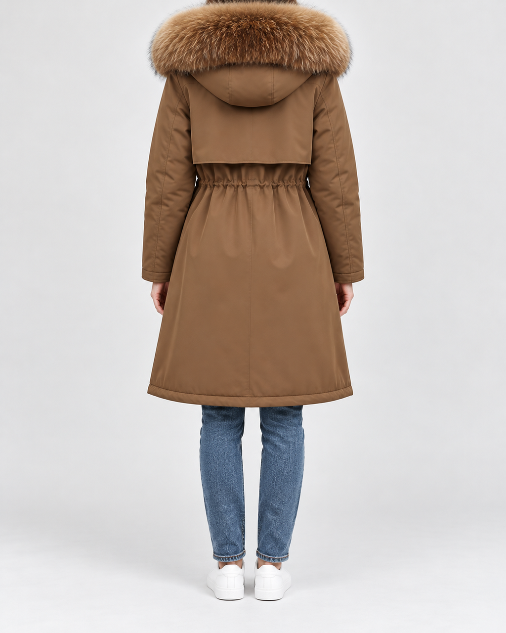 Women's Longline Hooded Parka with Faux Fur Trim and Plush Lining in Coffee – Back View